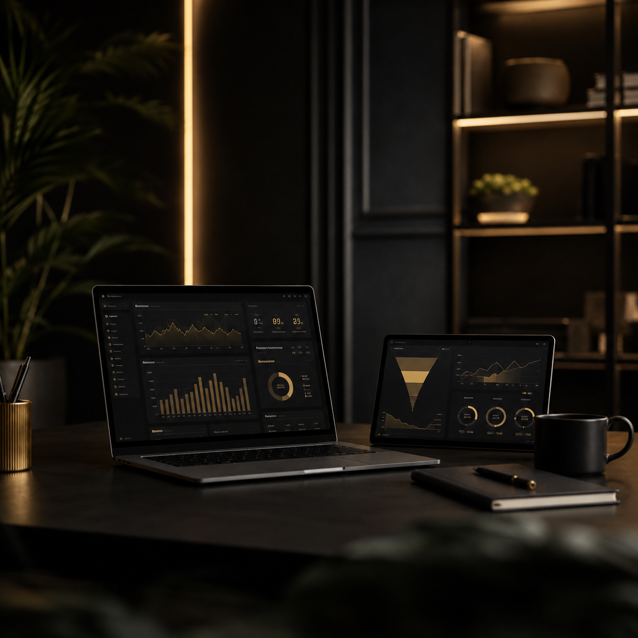 Two laptops displaying marketing infrastructure and conversion analytics dashboards