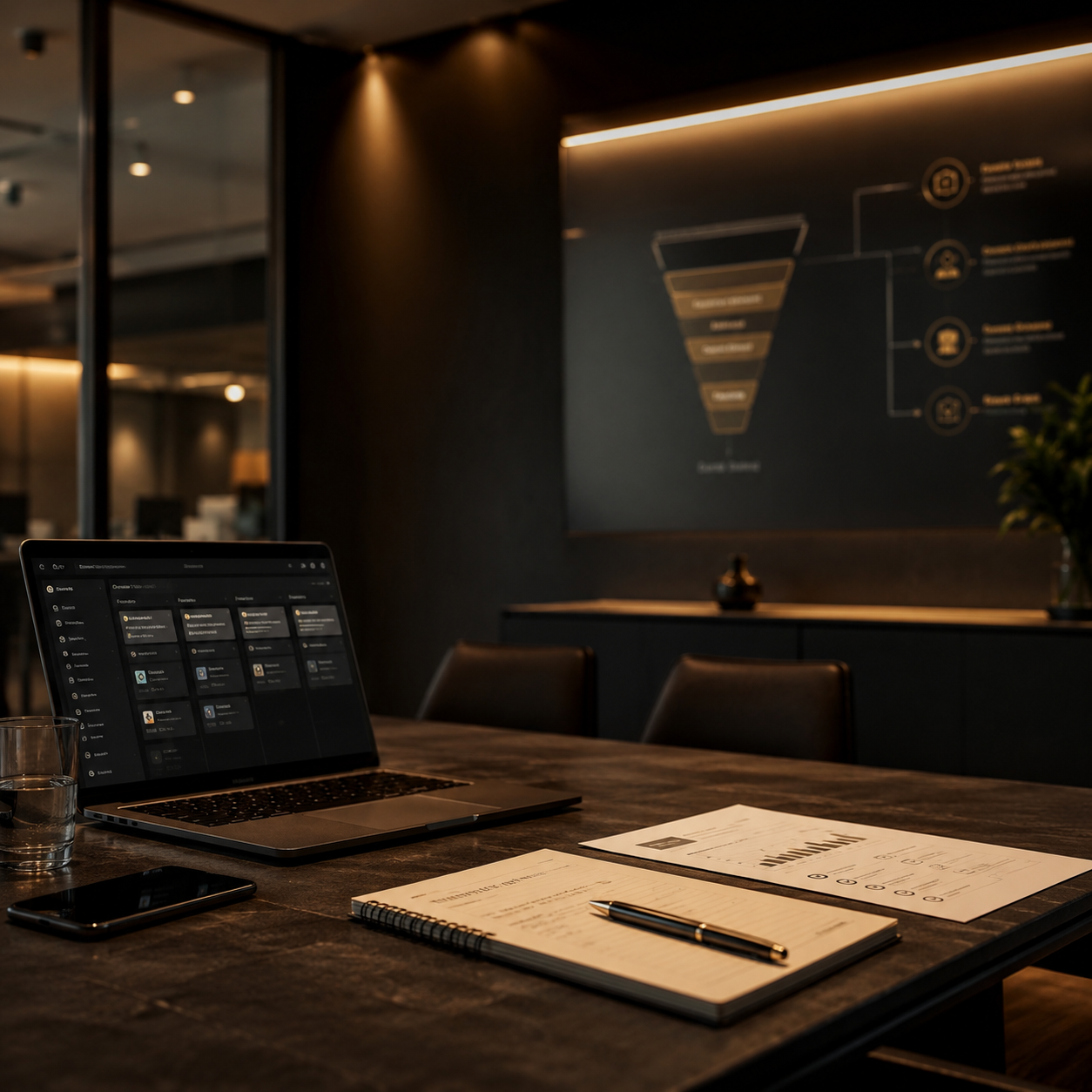 Meeting room with laptop and wall screen showing a sales funnel process diagram