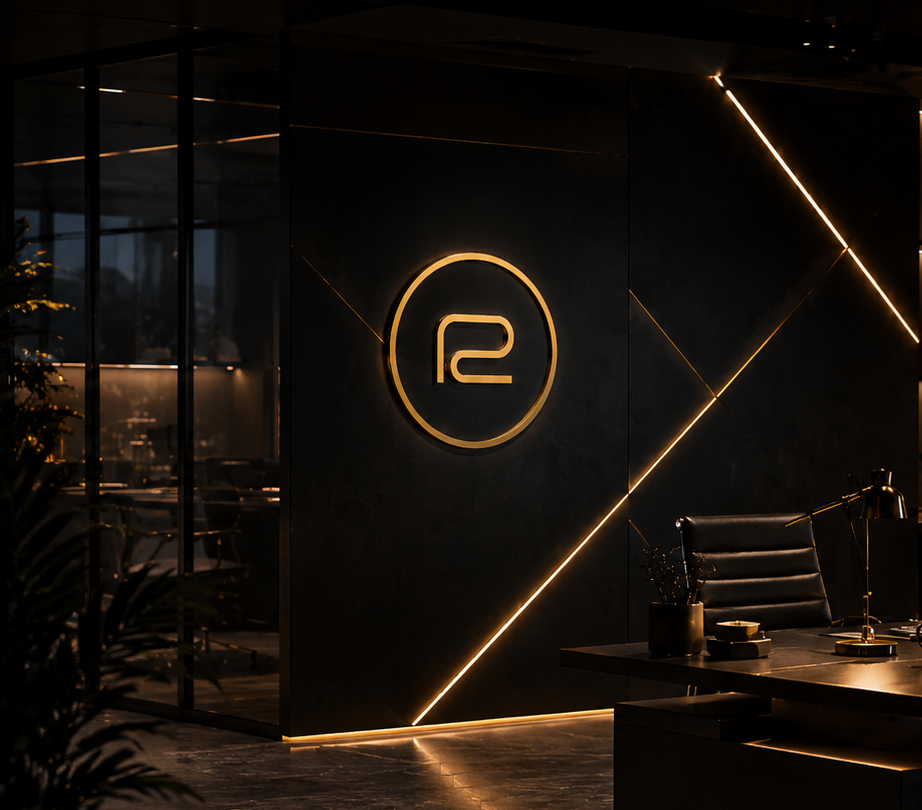 Illuminated RADBOR circular logo on an office wall