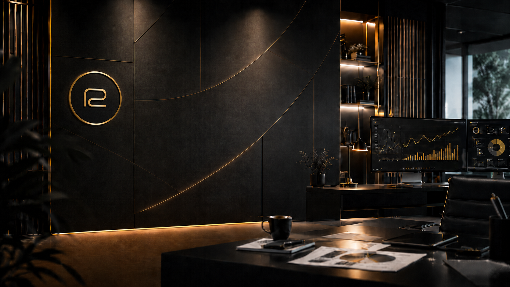 RADBOR Growth Agency office interior with illuminated logo and desk workstation