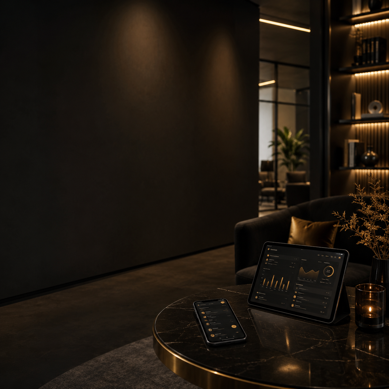Tablet and smartphone showing retention and LTV growth analytics in a lounge setting