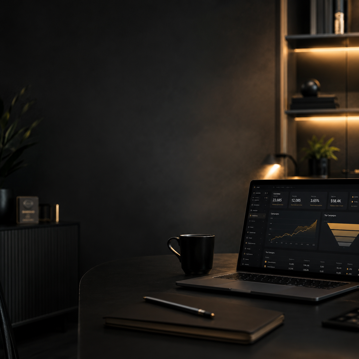 Laptop displaying a traffic acquisition analytics dashboard on a desk
