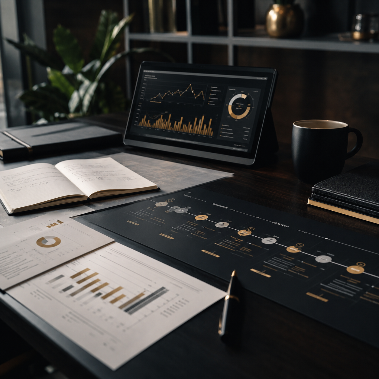 Desk with tablet analytics dashboard, printed charts and notebook for business transformation planning